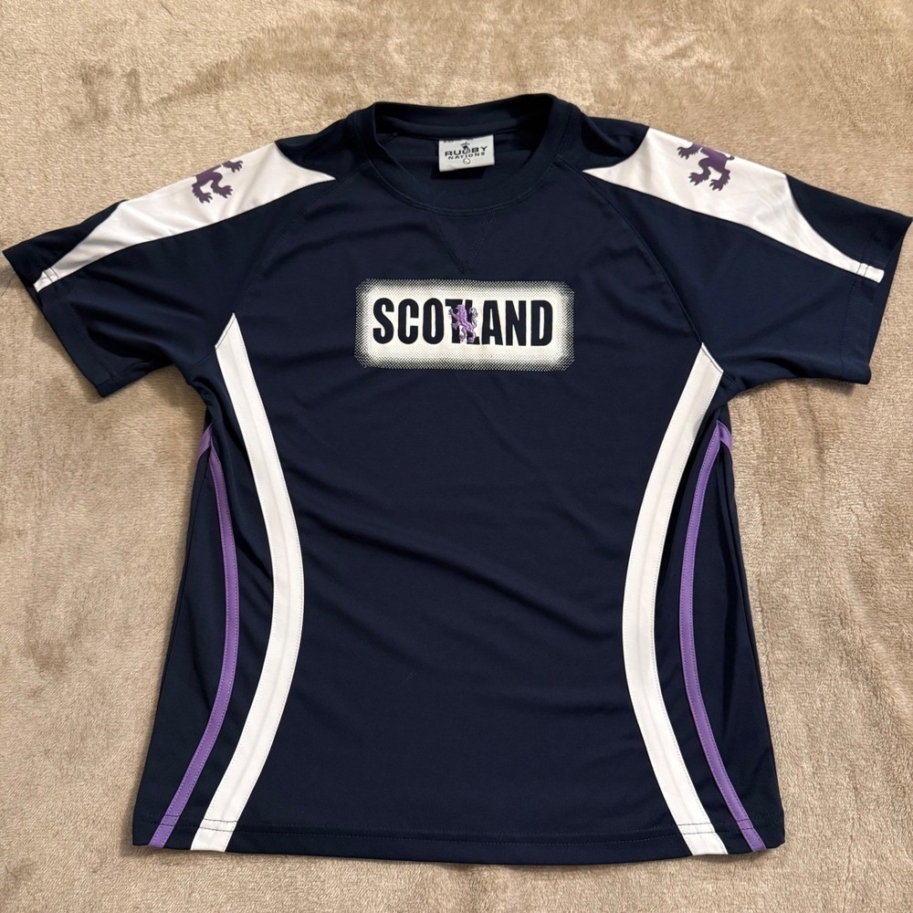 Rugby Nations Scotland Kids Navy Blue Performance Shirt Lion Rampant Size 9/10Y